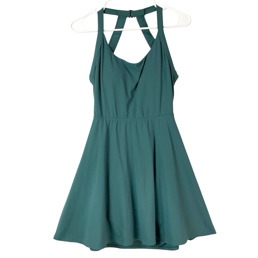 Halara Teal Green Athlesiure Dress M Buckle Halter Slvless Twisted Back Pockets